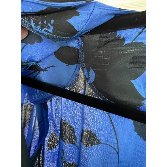 Vintage JJ Dean 90s Blue Black Floral Wide Collar Secretary Cocktail Dress Sz 8 - Picture 4 of 9